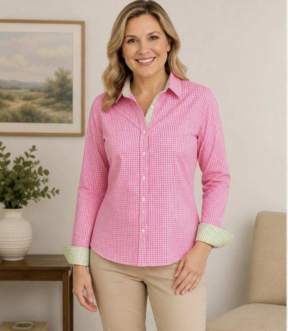 Brooks Brothers 346 Womens 14 Fitted Non-Iron Button Down Pink Gingham Shirt EUC